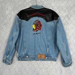 Vtg 90s Shooter Denim Jean Jacket Large Embroidered Native American Indian Chief
